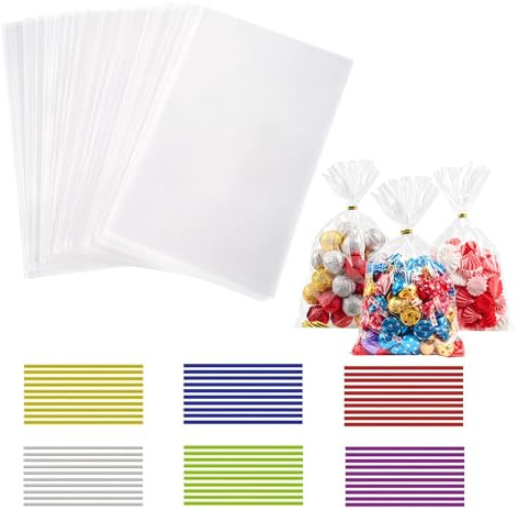 100 Stück Durchsichtige Cellophantüten groß 28x18 cm Süßigkeiten Geschenkbeutel mit 100 bunten Krawatten Geeignet klarsichttüten für Süssigkeit Chocolate Brot