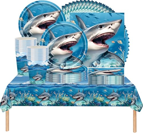 61 Piezas de Vajilla para Fiesta de Cumpleaños Infantil con Tema de Megalodón del Océano, Decoración para Fiesta de Tiburón del Océano, Incluye Vasos, Platos, Manteles y Servilletas para 20 Personas