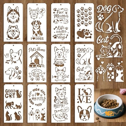 GOMAKERER 12 Blatt Haustier Theam Schablonen Zum Malen, 25 Stile Hunde/Katzen/Hundeknochen Zeichenvorlagen Niedliche Tier Randschablone Zum Malen Auf Wand Holz Heimdekoration