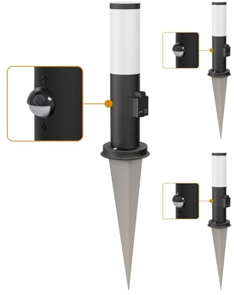 ledscom.de 3x Pollerleuchte PORU Sensor mit Erdspieß für außen, 38cm, schwarz, Steckdose, inkl. E27 Lampe 471lm, extra-warmweiß