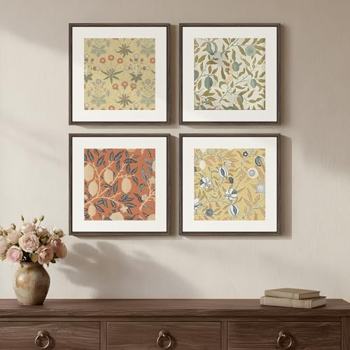 Framed William Morris Wall Art Set of 4, Vintage Botanical Floral Fruit Pattern Canvas Prints, Retro Natural Square Picture for Living Rooms, Dining Room, Hallway Wall Decor, 12x12 Inches