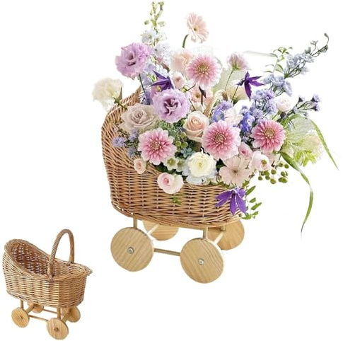 Woven Flower Basket Flower Girl Basket Wicker Basket Stroller Shaped Rattan Flower Basket with Handle Wood Baskets Woven Hand-Held Wicker Cachepot Storage Basket with Handle Wedding Home Decor