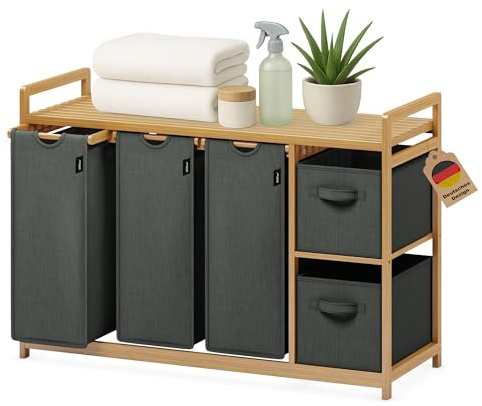 XMHome Wäschekorb 188L mit 3 Wäschesäcken & 2 Aufbewahrungsboxen,Bambus