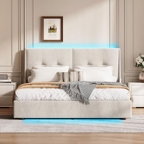 FUCMKON Bett 140x200 mit Lattenrost,Polsterbett mit Stauraum,Doppelbett Bettgestell,Hydraulischem Stauraumbett mit LED Beleuchtung,Jugendbett,Samt,Ohne Matratze (Beige I, 140x200cm)