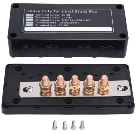 Qqmora Blocco Distribuzione Alimentazione Barra Collettrice Batteria Marina Heavy Duty 5 Vie M8 X 5 300A DC48V per Veicoli Barche Terminale in (Nero: connessione negativa)