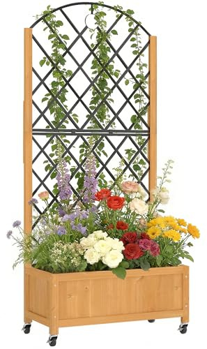 Outsunny Jardinera elevada con enrejado, con ruedas, de madera, para plantas trepadoras, 72 x 36 x 168 cm