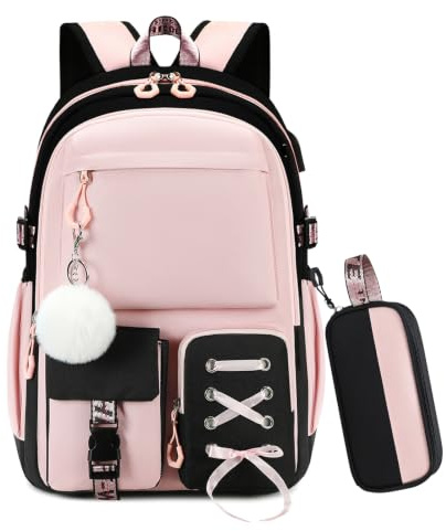 Byitin Ensemble Cartable Fille Primaire Collège 2 Pièces, Noir-Rose, 25L | Avec Trousses, Léger et Étanche, Avec Pendentif, Pour École et Voyage