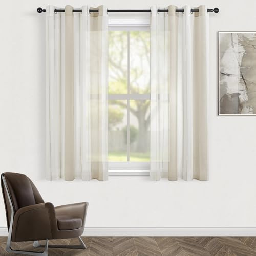 Topfinel Tende per Interni 2 Pezzi 140x160cm Strisce Semi Trasparente per Finestre Tende Camera da Letto Soggiorno Salone Balcone Camerette Bambini Leggera Morbido Elegante Bianco e Cachi
