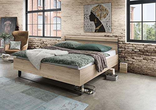 WIEMANN Brüssel Bett, Holz, Doppelbett, Bettgestell 180 x 210 cm, Futonbett, schwebend, Stein-Eiche, Holz-Kopfteil, schwebeoptik