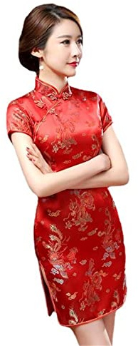 Black Sugar Qipao kortärmad miniklänning och drake brokad cheongsam tunika, Färg: röd, XL petite