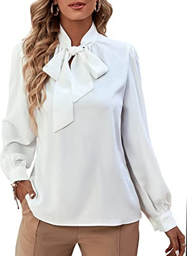 Rooscier Women's Bow Tie Neck Long Sleeve Buttton Cuff Chiffon Elegant Business Dressy Casual Blouse Shirt White Small