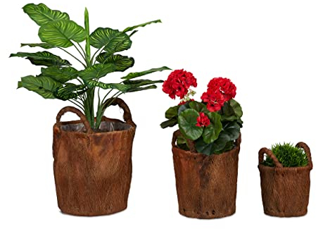 Relaxdays Set da 3 Vasi per Piante, Foglie di Palma da Cocco, da Balcone e Davanzale, Porta Fiori, Color Naturale