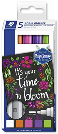STAEDTLER Kreidemarker Lumocolor Design Journey, deckend, feucht abwischbar, Rundspitze, Linienbreite ca. 2,4 mm, hohe Farbbrillanz, 5 chalk marker in sortierten Farben, 344 C5