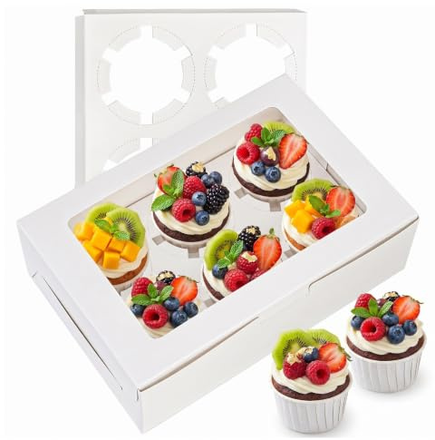 Jucoan 50 Pack White Paper Cupcake Box with Insert and Window Hold 6 Standard Cupcakes, Cupcake Carrier Container, Bakery Muffin Box for Pastry, Cookies, Birthday, Mother's Day, Wedding Party