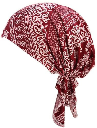Mössa för cellgiftsbehandling för kvinnor, scarf, mjuk turban, keps, blommig huvudsjal, bomullstyg, huvudbonad, alopeci-bandana, huvudskydd, Mörkröd, en storlek