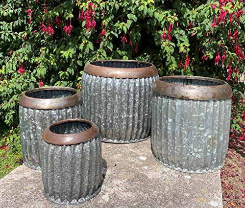 Set of 4 Galvanised Vintage Short Dolly Tub | Metal Steel Garden Pot Trough Planter