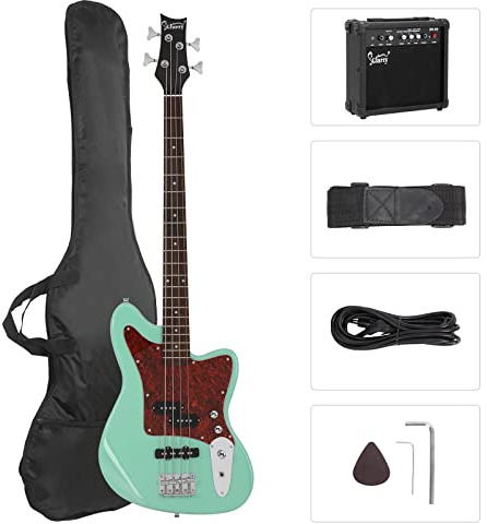 GLARRY 4 String Electric Bass Guitar Beginner Kit w/20w Amp, Red Pearl Guard Full Size Bass with Digital Tuner,Amp Cable, Strap, Bag and Accessories(Mint Green)