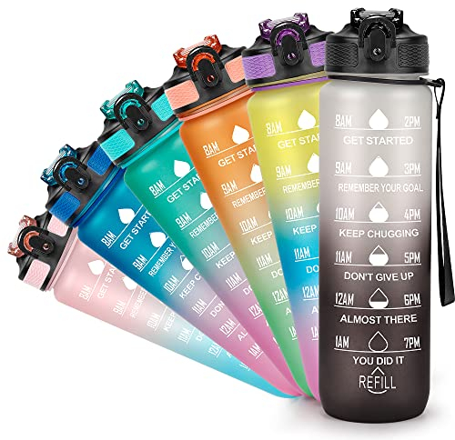 YC Kitchen Botella de Agua Motivacional de 1 Litro Con Marcador de Tiempo, Botellas de Agua Deportivas Sin BPA a Prueba de Fugas Con Pajita y Correa de Transporte