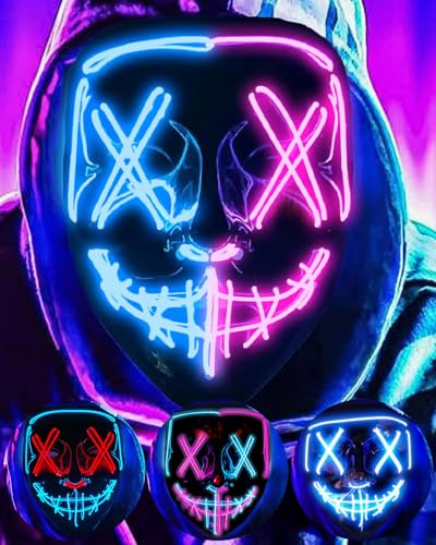 DWTECH LED Halloween Purge-mask – lysande mask med LED och EL-tråd, skräckmask för maskerad, cosplay, lysande ansiktsmask för barn, män och kvinnor, Halloweenfest.