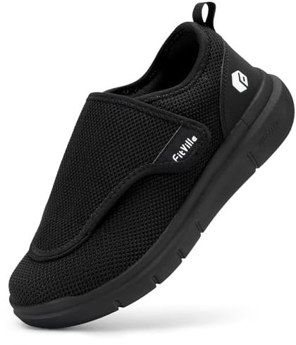 FitVille Diabetiker Schuhe Herren Extra Weit Gesundheitsschuhe Herren mit Klettverschluss Einstellbar Walking Schuhe für Geschwollene Füße Schwarz 43 EU X-Weit