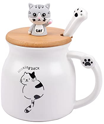 Tasse en céramique Kawaii avec couvercle et cuillère,Mug chat pour le thé et café ,Tasse drôle pour femme,Tasse à lait originale en porcelaine, Cadeau de Noël et anniversaire pour filles (Blanc)
