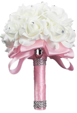 Wambere Hochzeits-Brautstrauß mit Blumen Kristall-Diamant-Schaumstoff-Rosen,Brautstrauß Rosen,Hält Blumen mit schönem Band, Brautjungfer, Hochzeitsstrauß, künstliche Seidenblumen, Handhaltung,Rosa