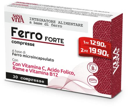 Sanavita Ferro Forte Integratore Alimentare con Ferro Alto dosaggio, Vitamina C, Rame, Acido Folido e Vitamina B12 Alo Dosaggio - 30 compresse