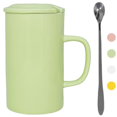 NIUKOMY Tazze Extra Large, Tazze Giganti, Tazza Jumbo 900ML, Verde Grandi Tazza da Caffè in Ceramica, Tazza da Tè Grande con Coperchio e Cucchiaio, Grandi Tazze da Latte in Porcellana