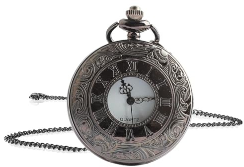 Jinpojun Montre de Poche Vintage, Pocket Watch Vintage avec Chaîne, Montre de Poche, pour Homme, Femme, Papa Fête d’Anniversaire, Anniversary Day Christmas Fathers Day (Noir)