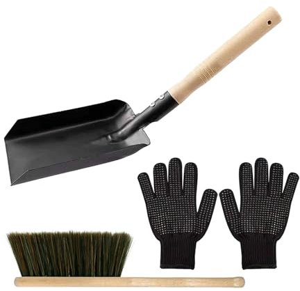 Gralara Accesorios para Herramientas para Chimenea, Accesorios para Estufas de leña, Escoba para Chimenea, Pala de Acero y Cepillo para Cenizas, Metal para