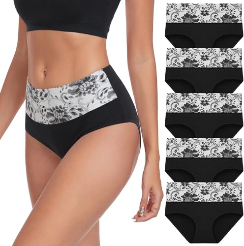 Lapulas Underbyxor dam bomull andas underkläder stretch trosor hög midja mjuka trosor 5-pack, A-svart x 5, 3XL