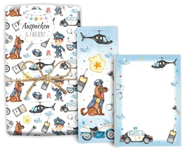 Mitgebsel-Set 8 Geschenkpapierbögen + 8 Lesezeichen + 8 Mini-Notizblöcken + 8 Aufkleber für Jungen Gastgeschenke für Kinder Jungsgeburtstag Polizei Detektiv Motto-Party Giveaways