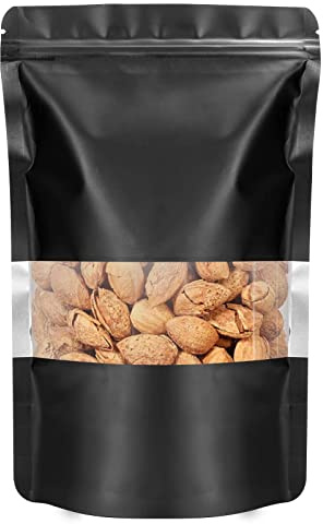XFXIA Svart aluminiumfolie påsar med fönster, 100-pack, 16 cm x 24 cm, återförslutningsbar, luktsäker, stående, återanvändbar, barriär (aluminium), mat- och smörgåspåsar