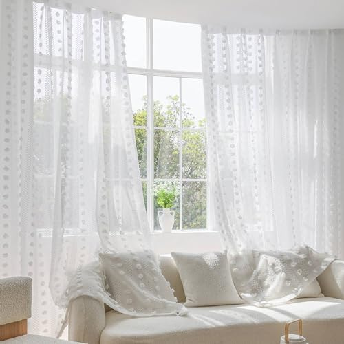 Homxi Gardinen Transparent 2er Set,2 x 137W x 229H cm,Vorhang mit Tüll Weiß Pompon Gardinen Ösenringe