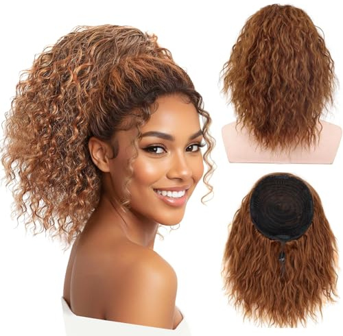 PORSMEER Gewellte, gelockte Pferdeschwanz-Verlängerung, 25,4 cm, Ingwerbraun, Kordelzug für Damen, kurzes, weiches, natürliches synthetisches Haarteil, hoher Pony-Haarknoten für den täglichen Gebrauch