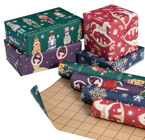 RUSPEPA 4 Rollen Weihnachts-Geschenkpapierrolle aus Kraftpapier – Nussknacker Solider, Trojanisches Pferd, Ballettmädchen und Schneeflocken-Design – 43,2 cm x 3 m pro Rolle