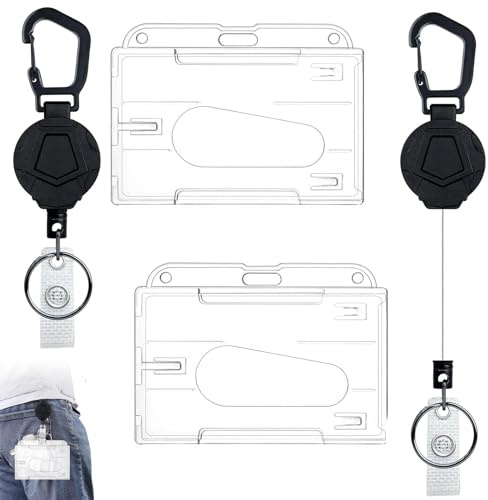 VireEyU 2 Schlüsselanhänger ausziehbar, 2 Transparente Kartenhaltetaktischer ID-Ausweishalter,robust mit einziehbarer 31-Zoll-Stahlschnur, belastbar bis 8 oz,inklusive Karabinerhaken(4-teiliges Set)