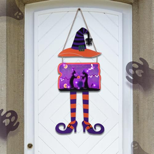 Lighted Hocus Pocus Halloween Decorations, 2AA Battery Operated Hanging Broom Parking Sign with Witches Hat, Halloween Decor for Front Porch Wall Home Office Indoor Outdoor