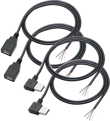 RUNCCI-YUN 4PCS câble prise USB 2.0 USB-A 4 Broches,Queue de cochon USB,Angle Droit fil nu USB 2.0 4 broches,câble d'alimentation à prise USB 5V 3A 22AWG (100cm)