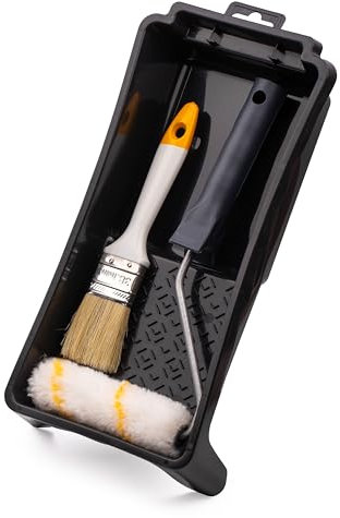 MIVOS Set pratico per pittura 4 pezzi - Rullo per pittura 10cm - Pennello per emulsioni - Vassoio per pittura 28x16cm - Impugnatura a clip 27cm - Set per pittura - MADE IN EU
