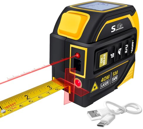 Mètre ruban laser 4 en 1 avec niveau laser en croix | Distance laser de 40 m + ruban autolock de 5 m | Écran LCD rétroéclairé (Ft/Inch/M/mm) | Pour bricolage, construction, décoration intérieure