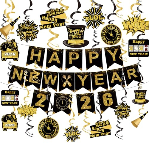2026 Silvester Deko Neujahr Girlande HAPPY NEW YEAR Banner 30 Stk. Spiralen Luftschlangen Dekoration Frohes Neues Jahr Accessoires Hängedeko Deckenhänger Schwarz Gold