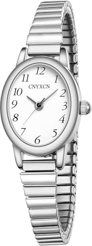 CNYXCN Silver Watches for Women, Easy Reading Analog Watch with Stainless Steel Expansion Band, Water Resistant（5.90in-6.69in）