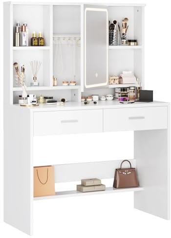 Airfish Schminktisch mit LED Beleuchtung Spiegel, Verstellbar Helligkeitsgeregeltem, Frisiertisch mit 2 Schubladen, Verstellbaren Regalen, Schmuckablage, Modernem Stil, Weiß