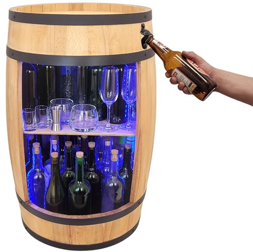 LED Wooden Barrel Drinks Cabinet with Bottle Opener Barrel Shelf for S and Decoration Ideal for Wine Whisky Beer Glasses and Bottles Light Brown/Oak