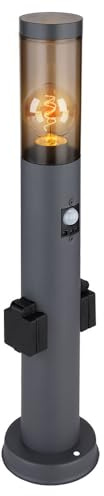 Sockelleuchte mit Steckdose und Bewegungsmelder Steckdosensäule Garten mit Licht, Edelstahl anthrazit, Kunststoff rauch, 1x LED 6W 806Lm warmweiß, DxH 7,6x60 cm