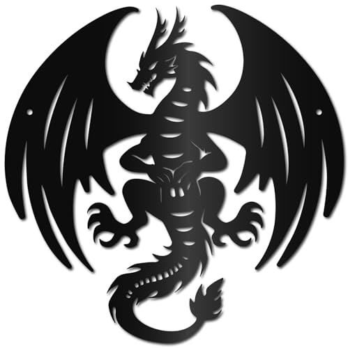 CREATCABIN Drachen Wandkunst Metall Schwarze Metall Wandskulpturen Eisenfliegendrache Western Märchentier Wandkunst Schild Ornament Dekor Für Wohnzimmer Büro Garten Balkon Dekoration 30x30cm