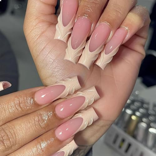 GlamRays French Tip Press on Nails Mittellang Quadrat Süße Kunstnägel mit 3D-Skulptur-Design Natürliche Nude Glue on Nails Mittel 24 Stück