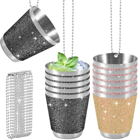 LEKEFETO Bicchieri da liquore in acciaio inox, 30 ml, da 12 pezzi, da portare a tracolla, bicchierini da liquore con catena, per matrimoni, addio al celibato, festa di carnevale, colore giallo e nero