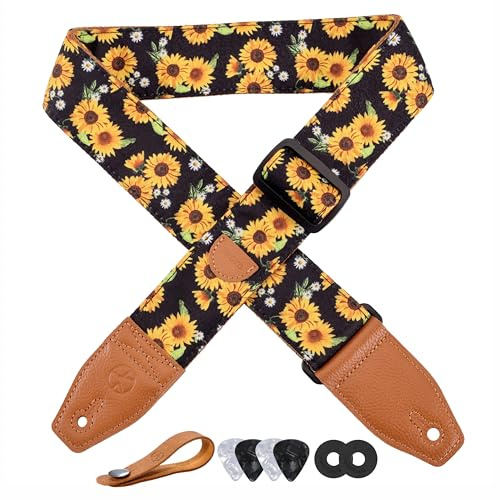 YIKOKO Gitarrengurt 5,1 cm, Baumwolldruck, florales Muster, mit Vollnarbenlederende, für Bass, elektrische und akustische Gitarren, kostenloser Gurtknopf, Gurtschlösser und Gitarrenplektren